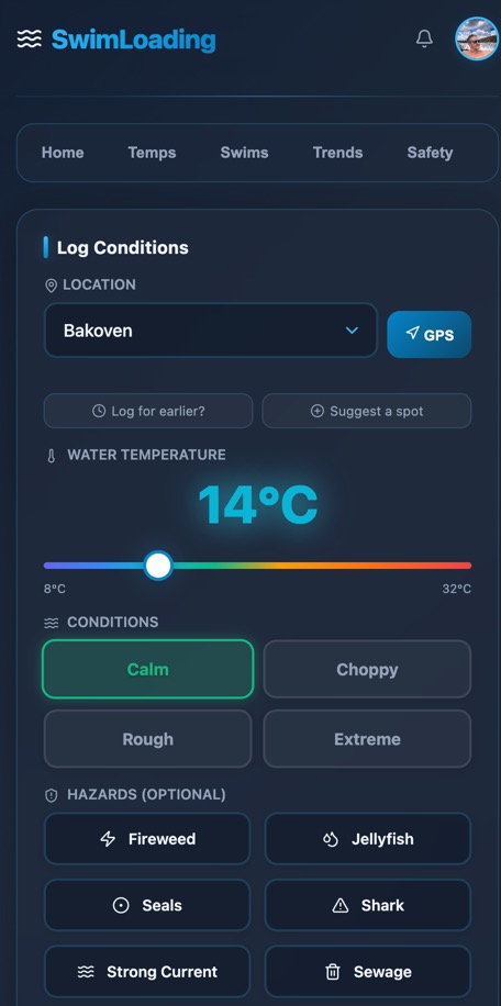 SwimLoading water-temperature logging screen with location, GPS and condition selectors